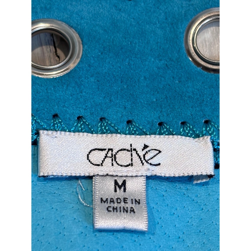 Cache Turquoise Blue Genuine Suede Leather Grommet Crochet Trim Jacket Medium - Picture 2 of 16